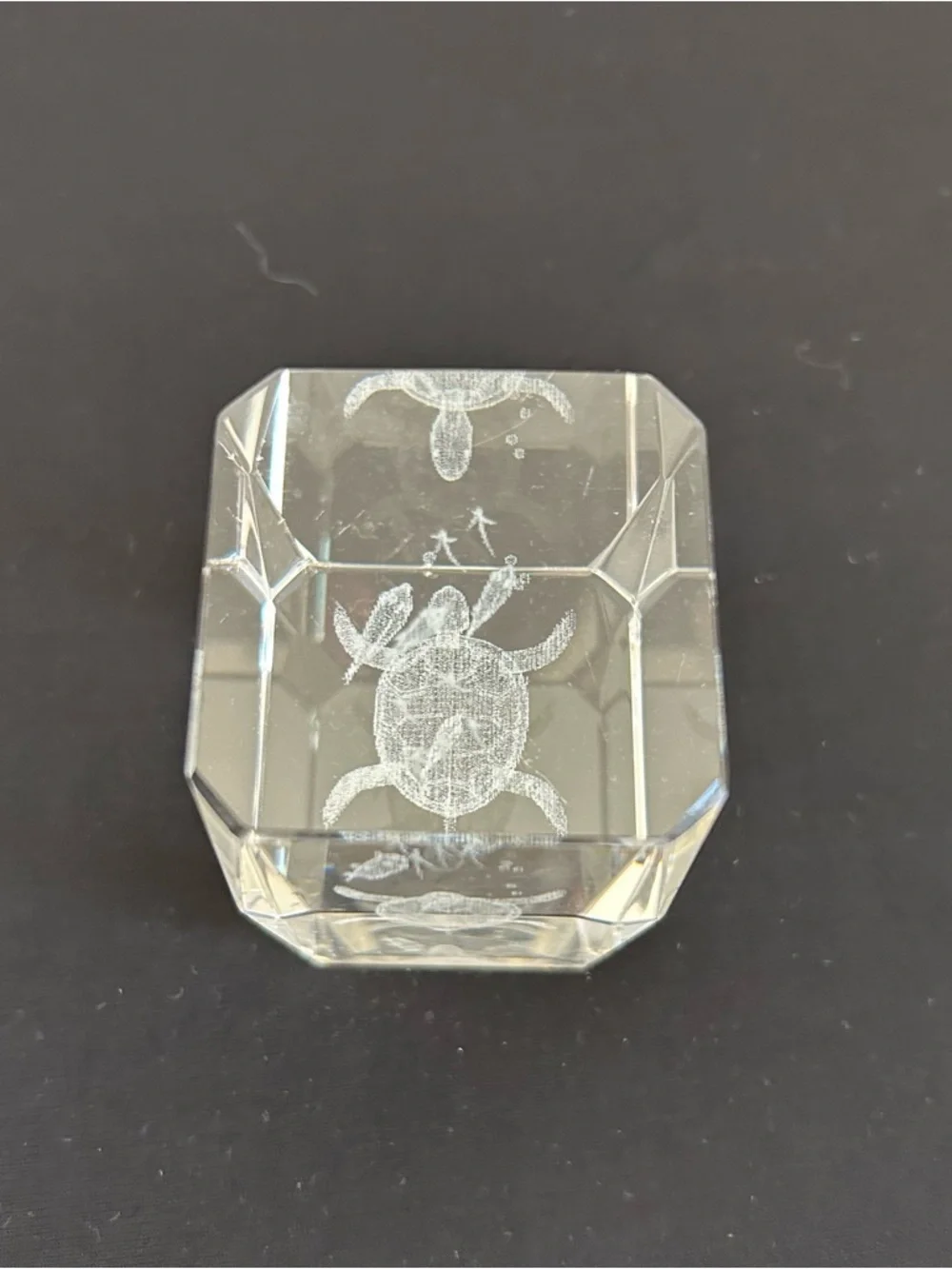 3D Laser Etched Crystal Glass Paperweight Turtle Fish Pre-owned